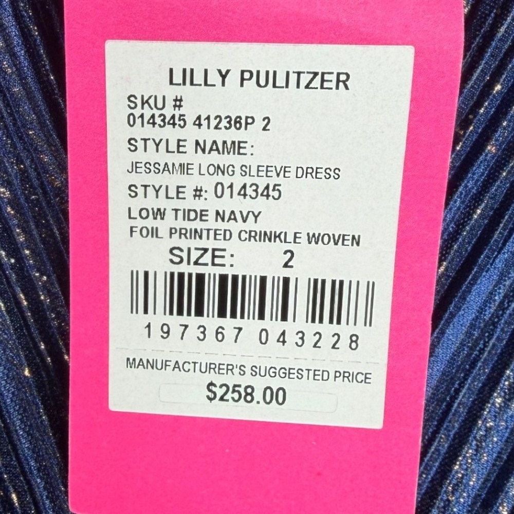 New Lilly Pulitzer Jessamie Foil Crinkle Long Sleeve Dress size 2 Navy Blue - Picture 5 of 9